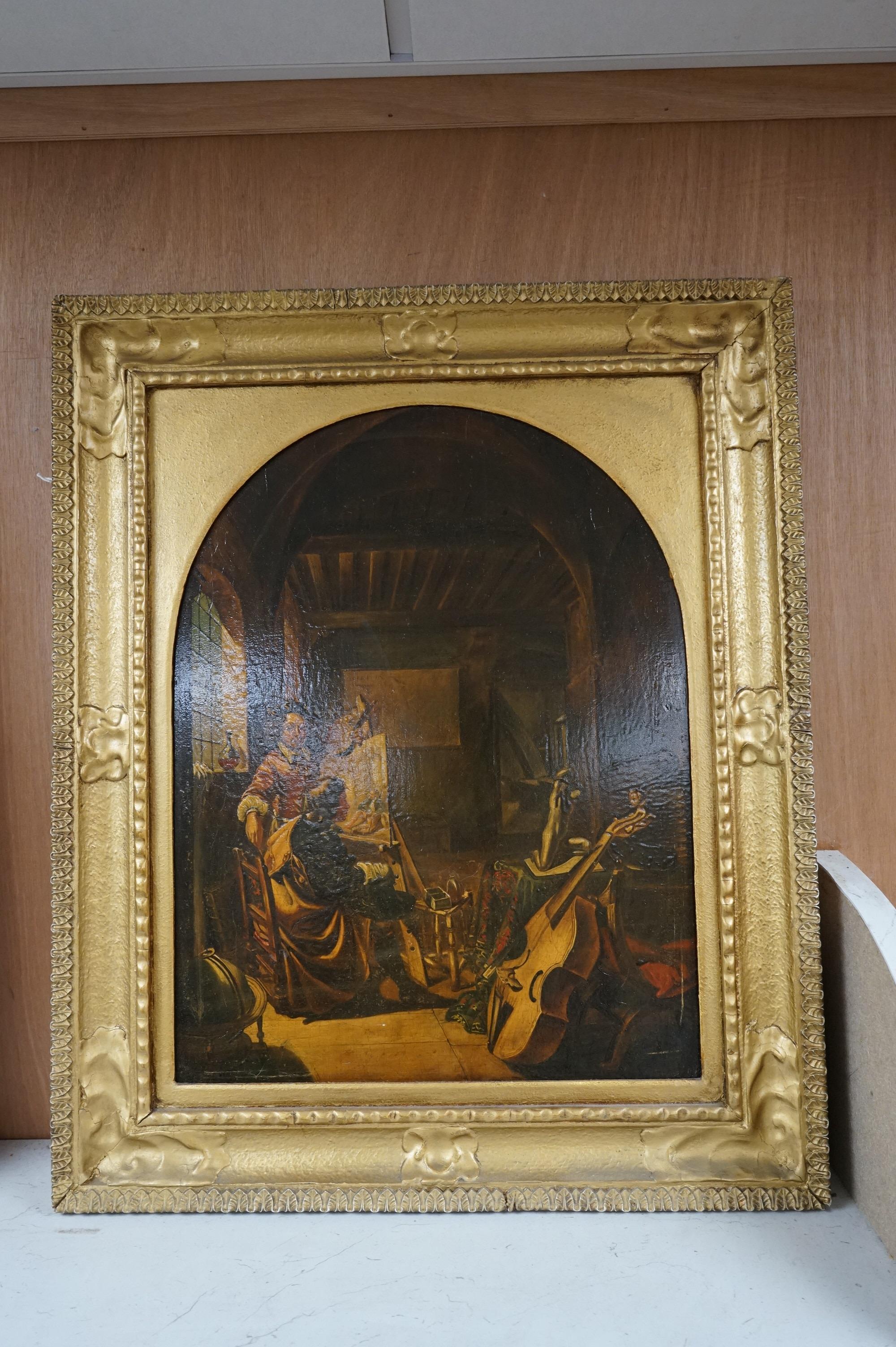 After Frans Van Mieris (Dutch, 1635-1681), oil on board, 'The painter's studio', unsigned, 44 x 34cm.